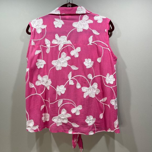CABANA CAY Women's Embroidered Floral Sleeveless Top Tank Tie Waist Pink Size L - Picture 9 of 11